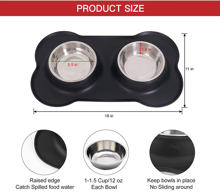 Stainless Steel Pet Bowls with No Spill Non-Skid Silicone Mat