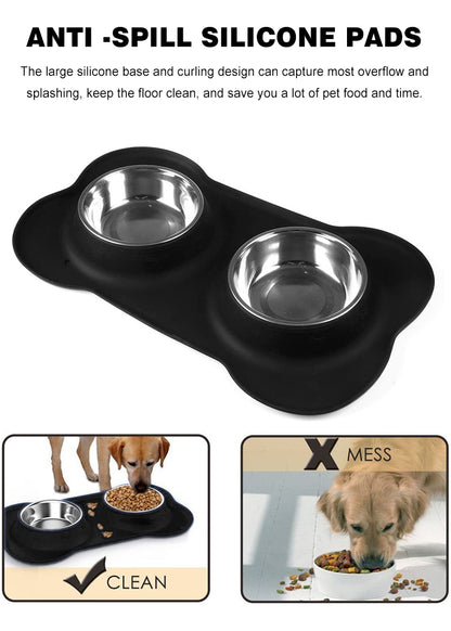 Stainless Steel Pet Bowls with No Spill Non-Skid Silicone Mat