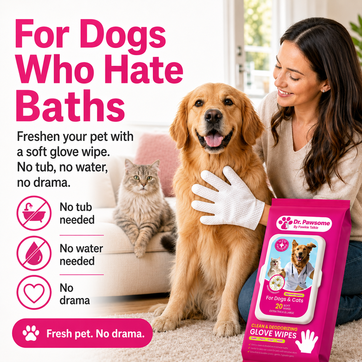 Woman with a dog and cat, holding a glove wipe, with promotional text and product packaging for Dr. Pawsome glove wipes.