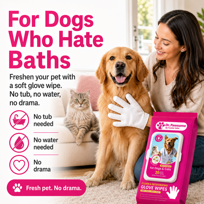 Woman with a dog and cat, holding a glove wipe, with promotional text and product packaging for Dr. Pawsome glove wipes.