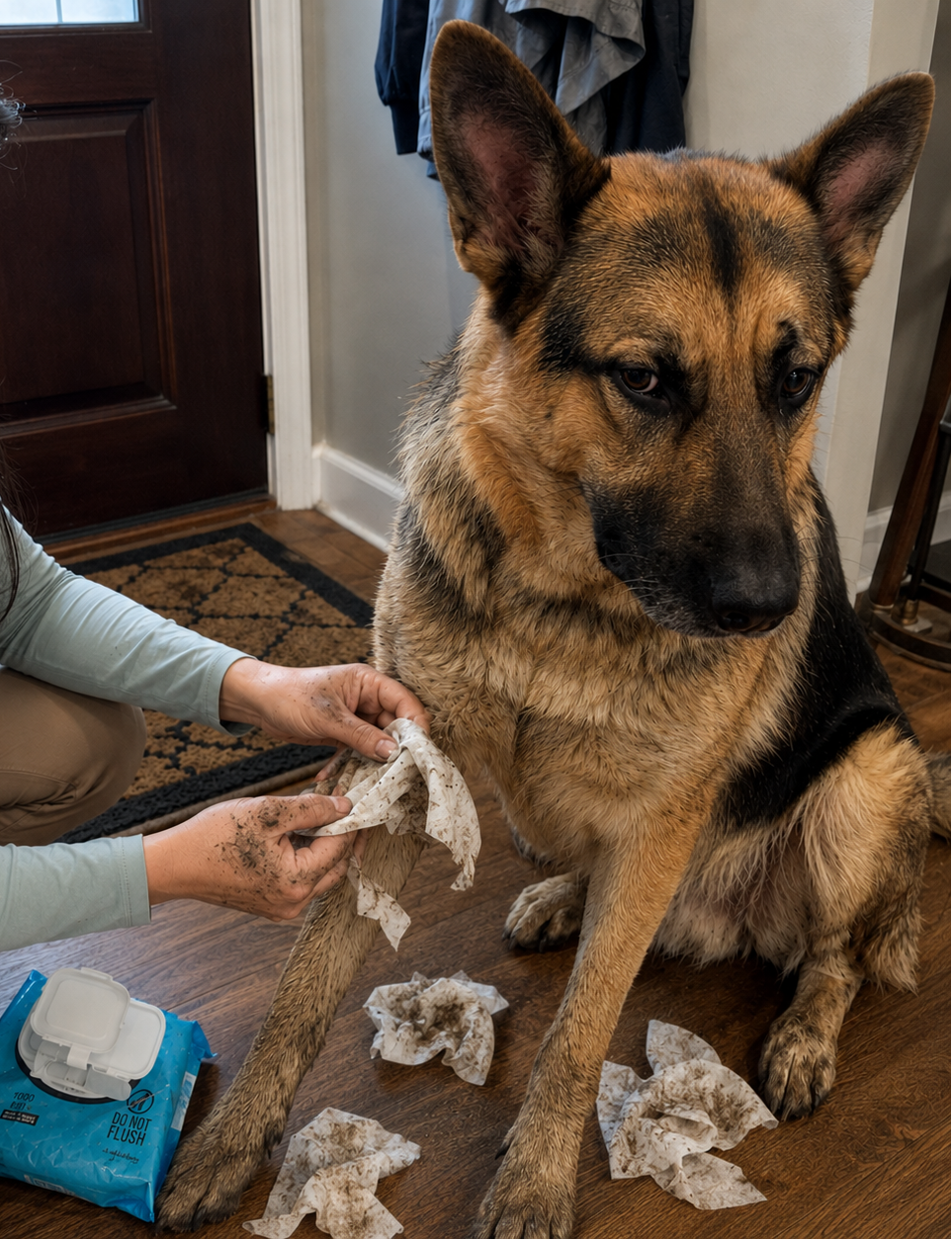 Founder cleaning a German Shepherd's paw with wet wipes on a wooden floor
